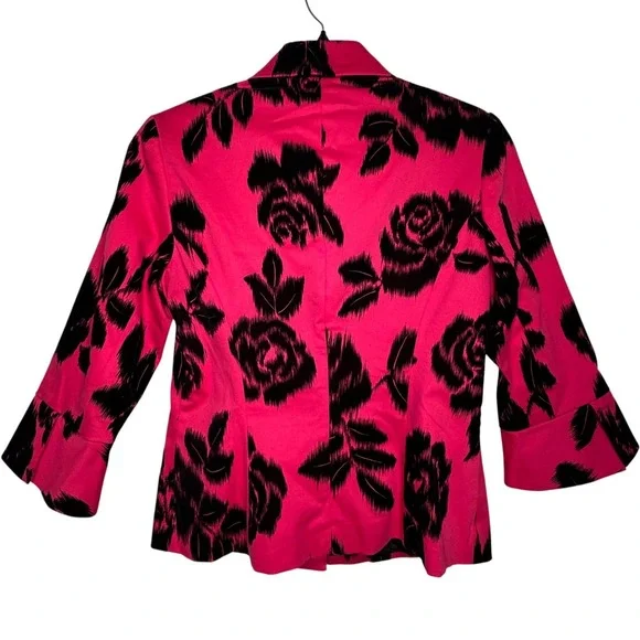 Trina Turk Pink Black Floral Blazer Womens 6 Bell Sleeve Button Career Cocktails - Picture 12 of 12